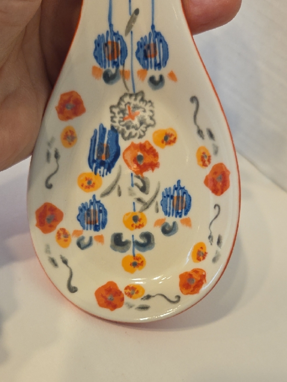 Anthropologie Hand-Painted Floral Ceramic Spoon Rest Blue & Orange - Picture 8 of 9